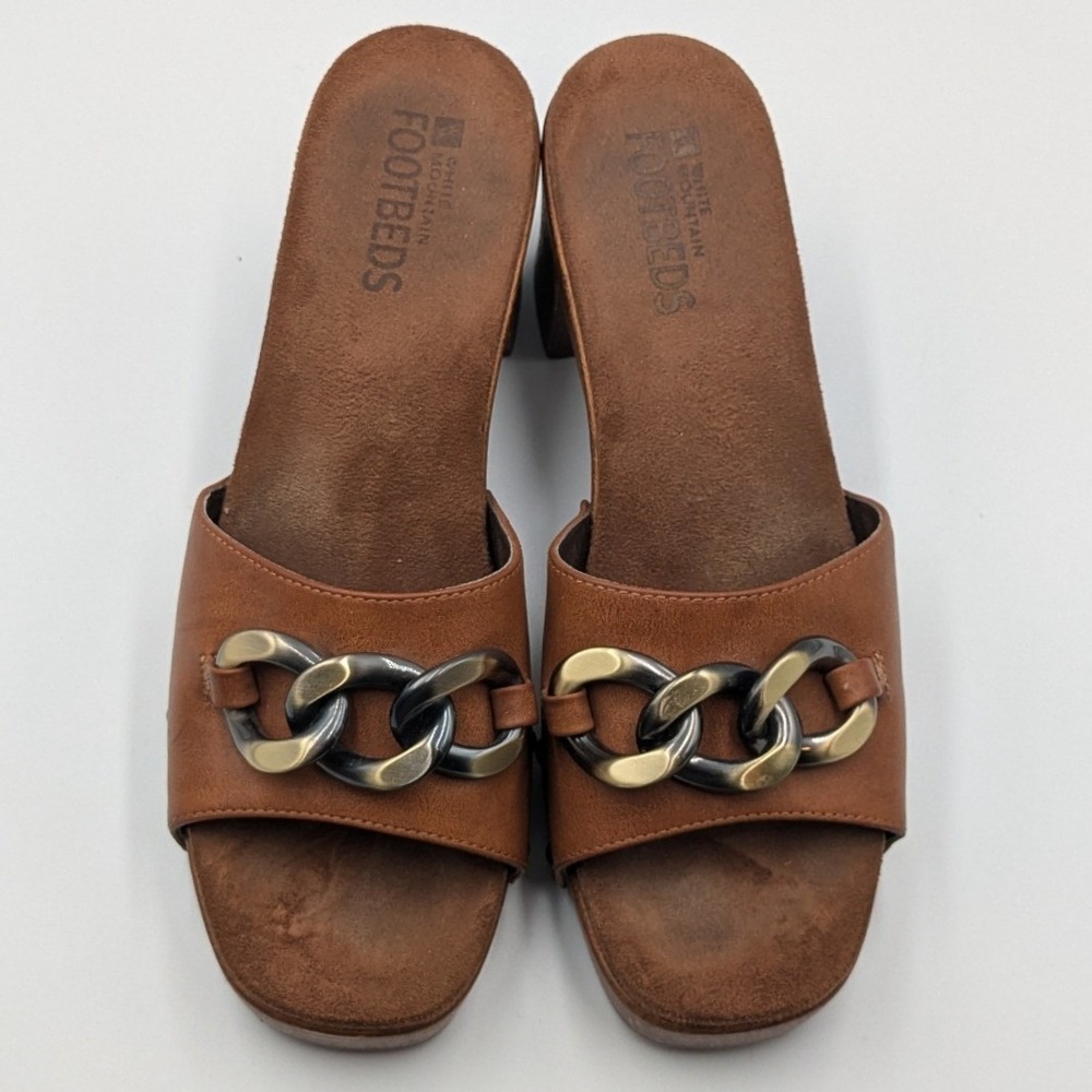 White Mountain Footbeds Brown Chain Slide Sandals Clog Heels Womens 9M Retro 70s